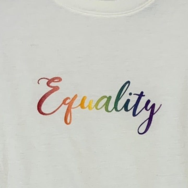 Upcycled Hand Printed Womens Large Rainbow Equality Short Sleeve Tee Shirt