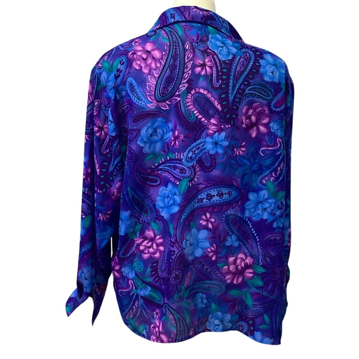 Bon Worth Petite Large Long Sleeve Floral Paisley Polyester Button Up Blouse Top