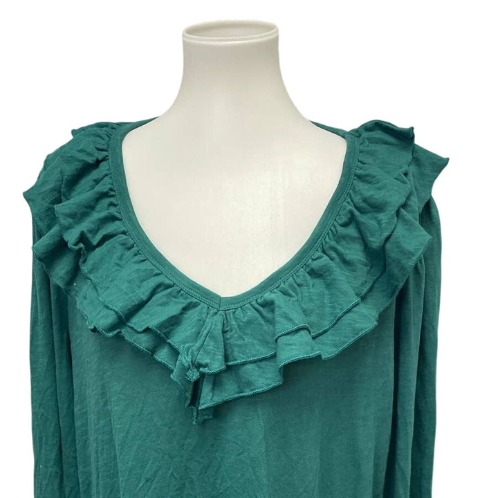 Terra &amp; Sky Womens 1X Long Sleeve Deep Ruffled V-Neck Cotton Blend Top Blouse