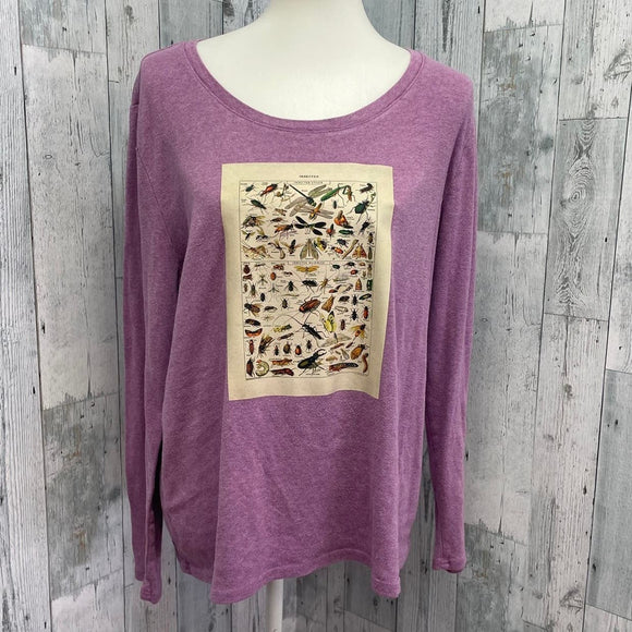 Hand Printed Upcycled Womens XXL Vintage Book Page Butterfly Long Sleeve Tee