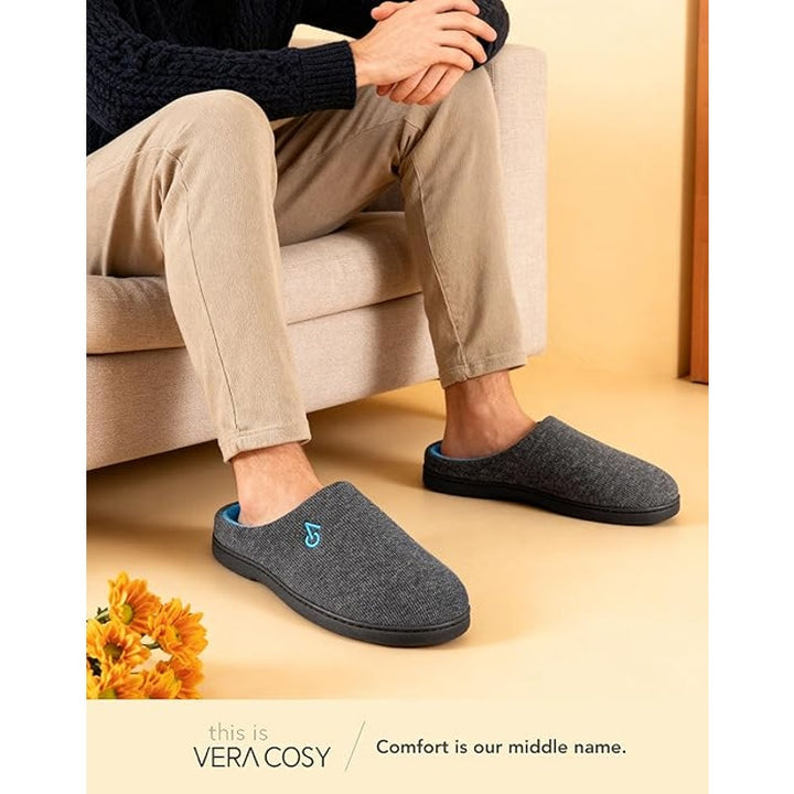 New VeraCosy Mens Size 7/8 Blue Gray Memory Foam Durable Rubber Sole Slippers