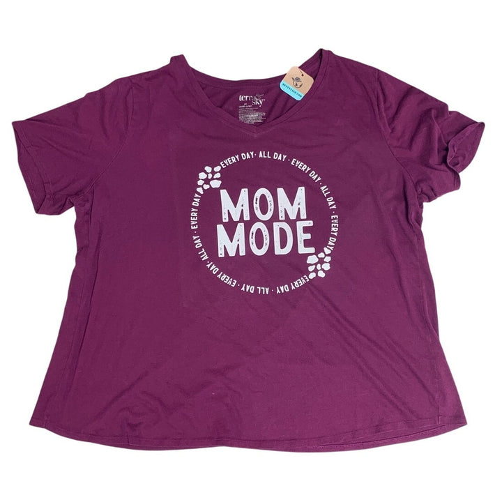 Upcycled Hand Printed Womens 2X Mom Mode PolyCptton Short Sleeve VNeck Tee Shirt