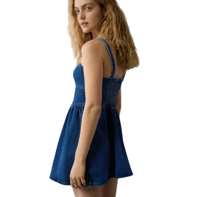 New American Eagle Womens Medium Smocked Back Sweetheart Denim Mini Dress