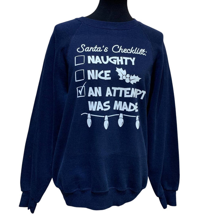 Upcycled Hand Printed Large Christmas Santa Checklist Naughty Nice Sweatshirt