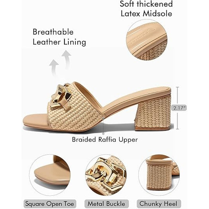 Coutgo Womens Size 10 Tan Raffia Slide On 2.5" Chunky Heel Open Toe Sandal Shoes