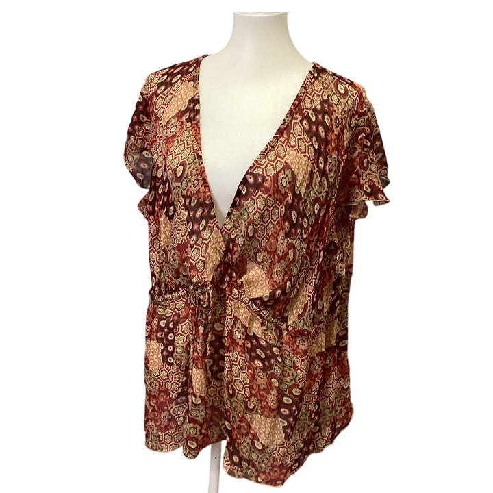 Venezia Womens Plus Size 22/24 Sheer Floral Deep V Rayon Ruffled Sleeve Blouse