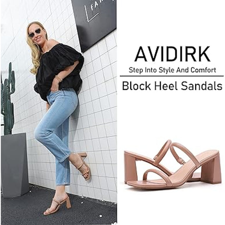 Avidirk Womens Size 8 Tan Open Toe 3.5" Block Heel Slide On 2 Strap Sandal Shoes