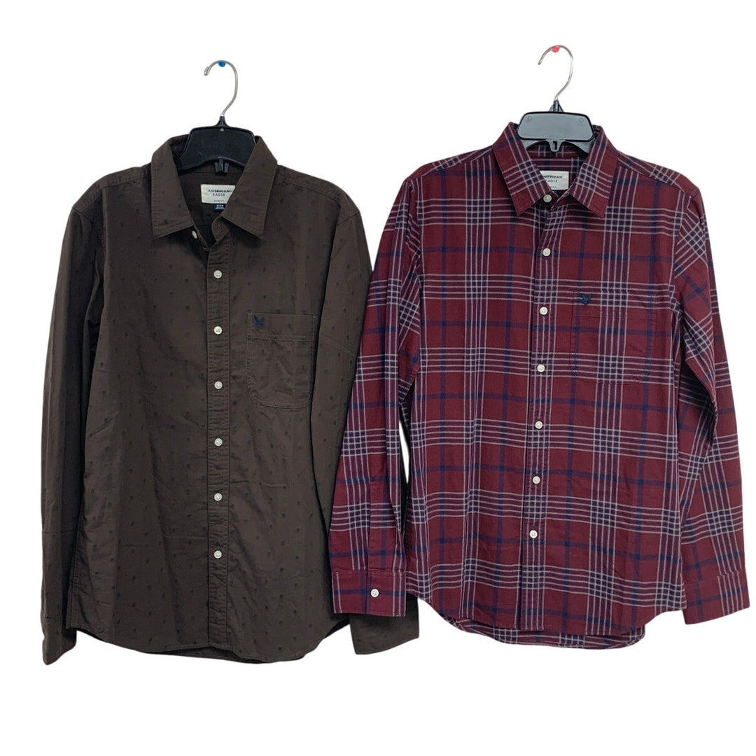 2 New American Eagle Mens Medium Slim Fit Plaid Long Sleeve Button Up Shirts