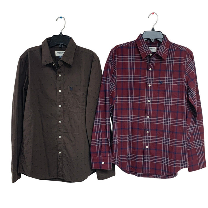 2 New American Eagle Mens Medium Slim Fit Plaid Long Sleeve Button Up Shirts
