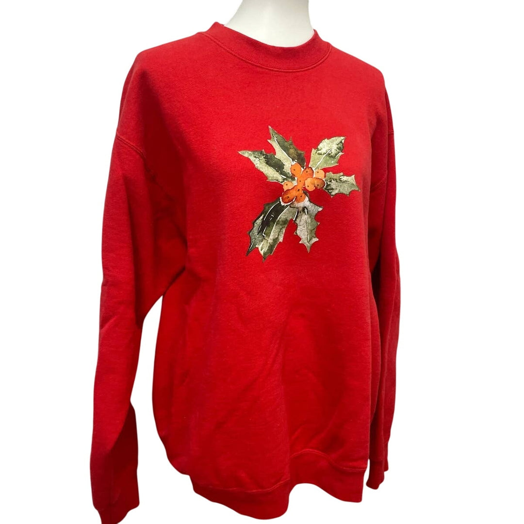 Hand Printed XL Upcycled Christmas Holly Leaves Berries Crew Neck Sweatshirt
