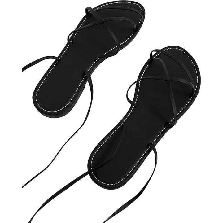 Gorglitter Womens Size 10.5 Black Faux Leather Gladiator Ankle Wrap Flat Sandals
