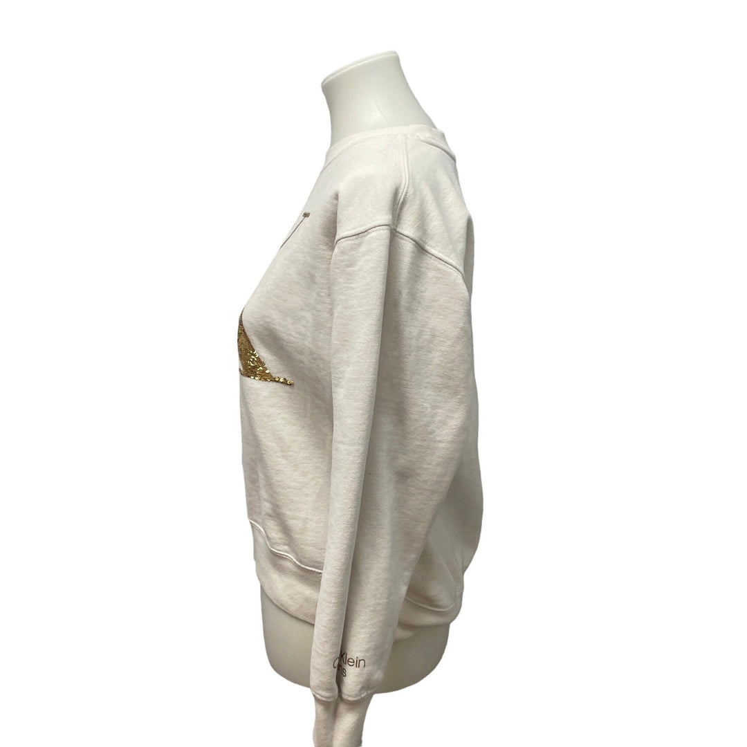 Calvin Klein Jeans Womens XS Gold Sequin CK Logo Cotton Blend Sweatshirt