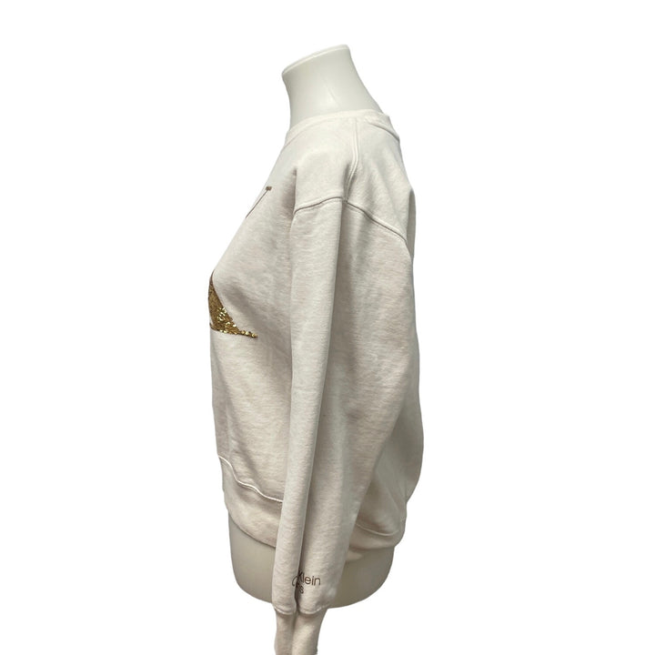Calvin Klein Jeans Womens XS Gold Sequin CK Logo Cotton Blend Sweatshirt