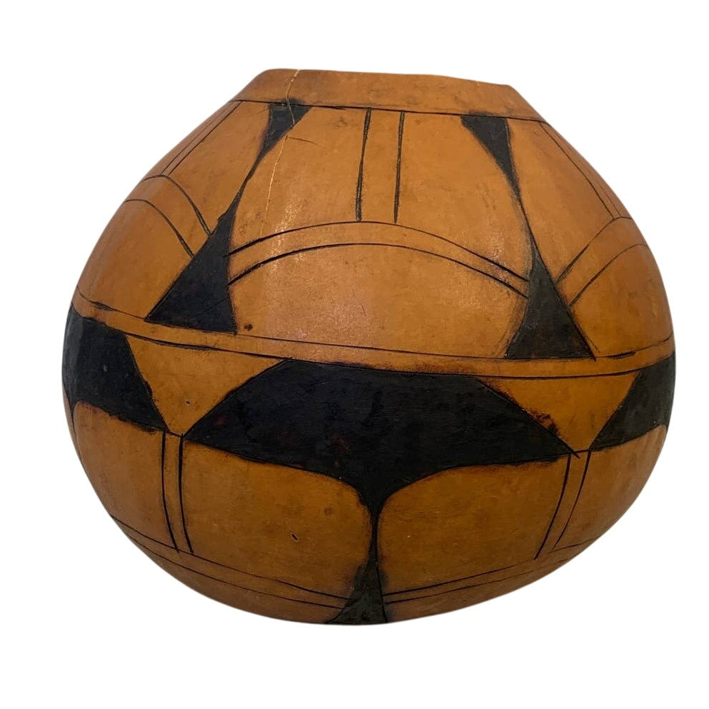 Vintage Hollowed Out Etched Hand Drawn 7" by 7" Lightweight Gourd Bowl w Flaw