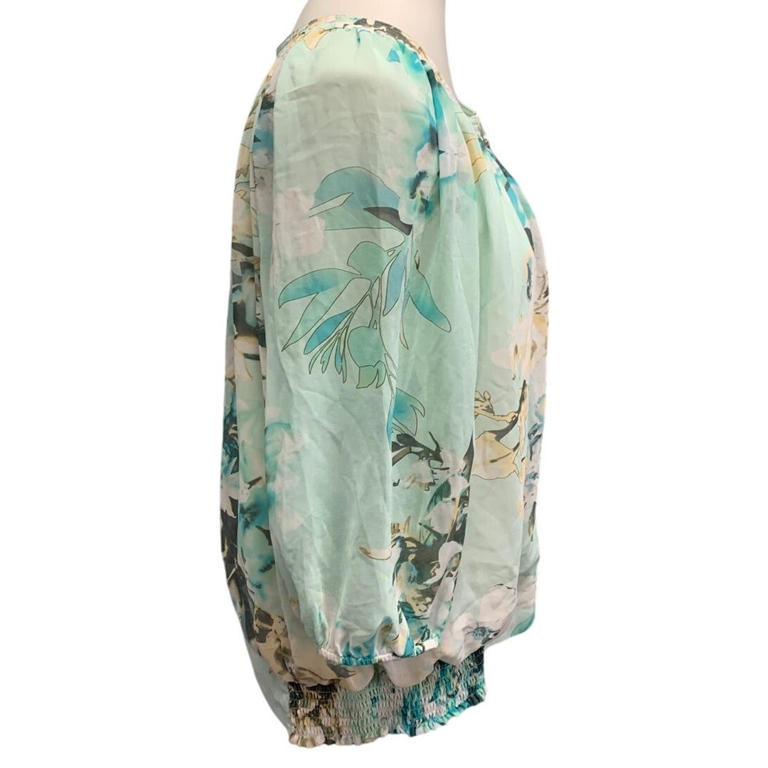 Dressbarn Womens XL Long Blouson Sleeve Floral Gathered Waist Flower Blouse Top