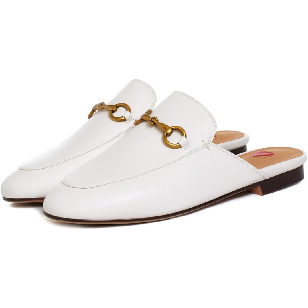 Vertundy Womens size 8.5 White Faux Leather Slide On Gold Buckle Loafers Shoes