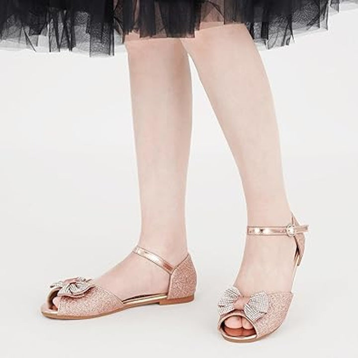 Aomigoct Girls Size 1 Rose Gold Silver Bow Glitter Princess Flat Sandal Shoes
