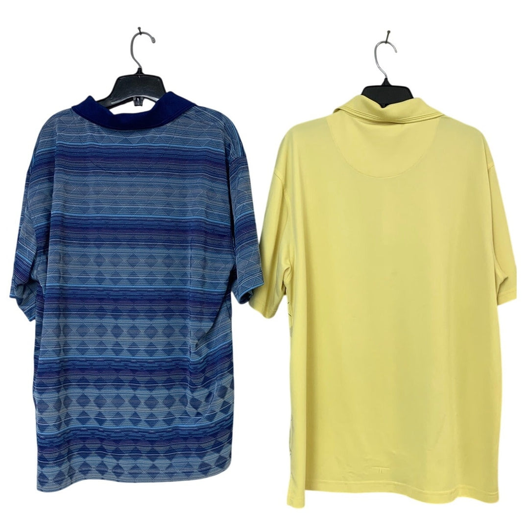 Lot of 2 PGA Tour Mens XL Blue Yellow Diamond Stripe Short Sleeve Polo Shirts