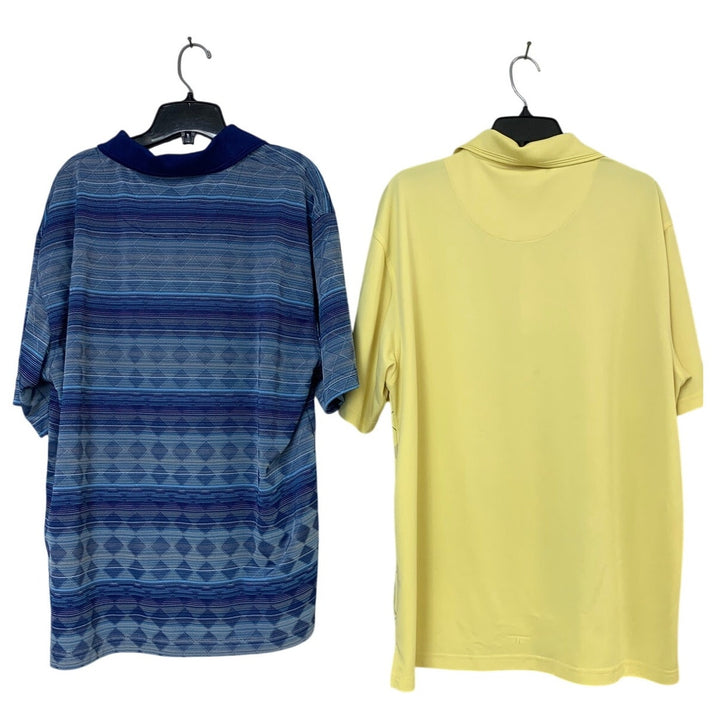 Lot of 2 PGA Tour Mens XL Blue Yellow Diamond Stripe Short Sleeve Polo Shirts