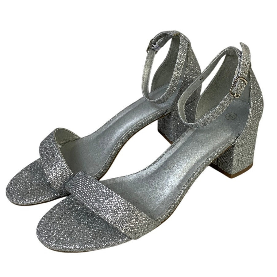 Womens Size 9 Silver Glitter 2.5" Chunky Heel Open Round Toe Ankle Strap Shoes