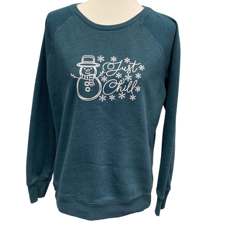 Hand Printed Upcycled Womens Large Snowman Snowflake Just Chill Sweatshirt