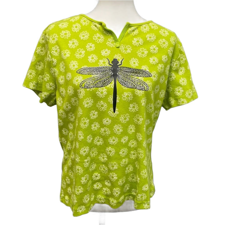 Hand Printed Upcycled Womens XL Dragonfly VNeck Short Sleeve Floral Tee Shirt