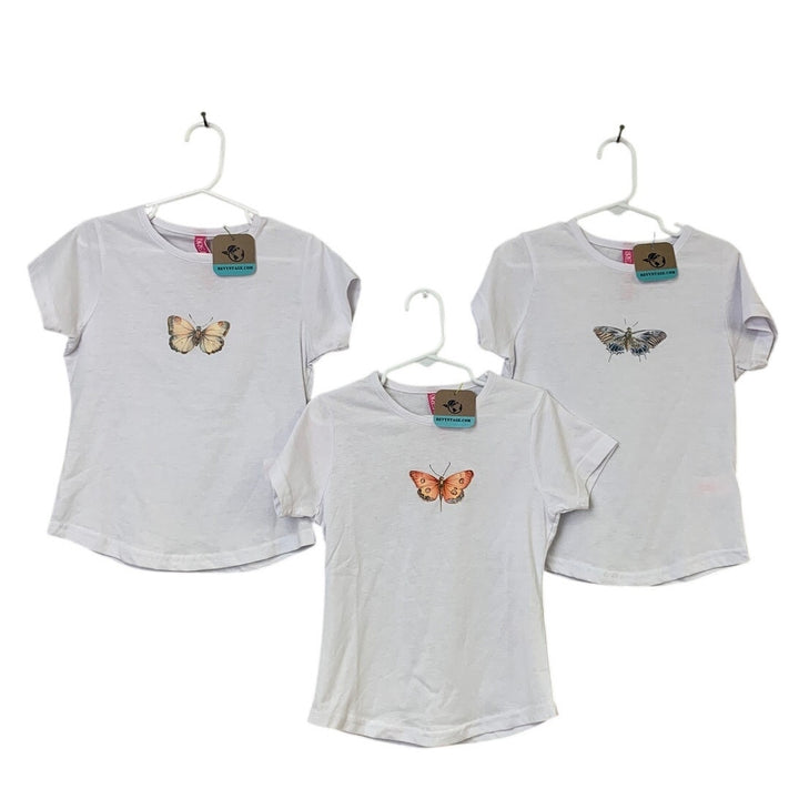 3 New Hand Printed Girls Size 6 White Vintage Butterfly Short Sleeve Tee Shirts