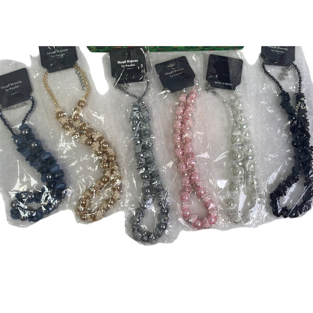 New 6 White Blue Pink Peach Silver Black Faux Pearl Lace Womens Necklaces Lot