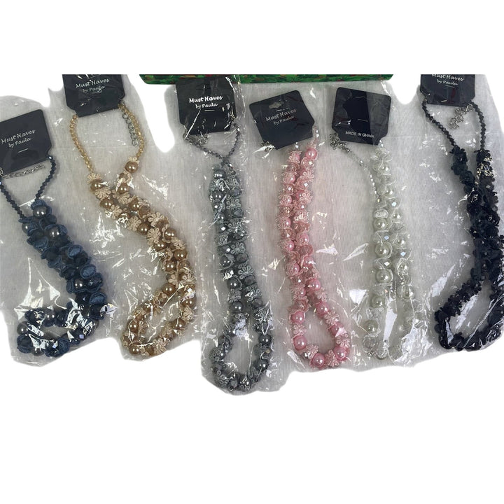 New 6 White Blue Pink Peach Silver Black Faux Pearl Lace Womens Necklaces Lot