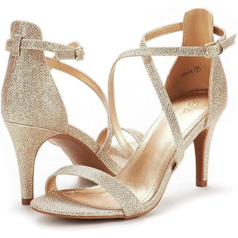 Dream Pairs Womens Size 6.5 Gold Glitter Open Toe 3" Heel Ankle Strap Shoes