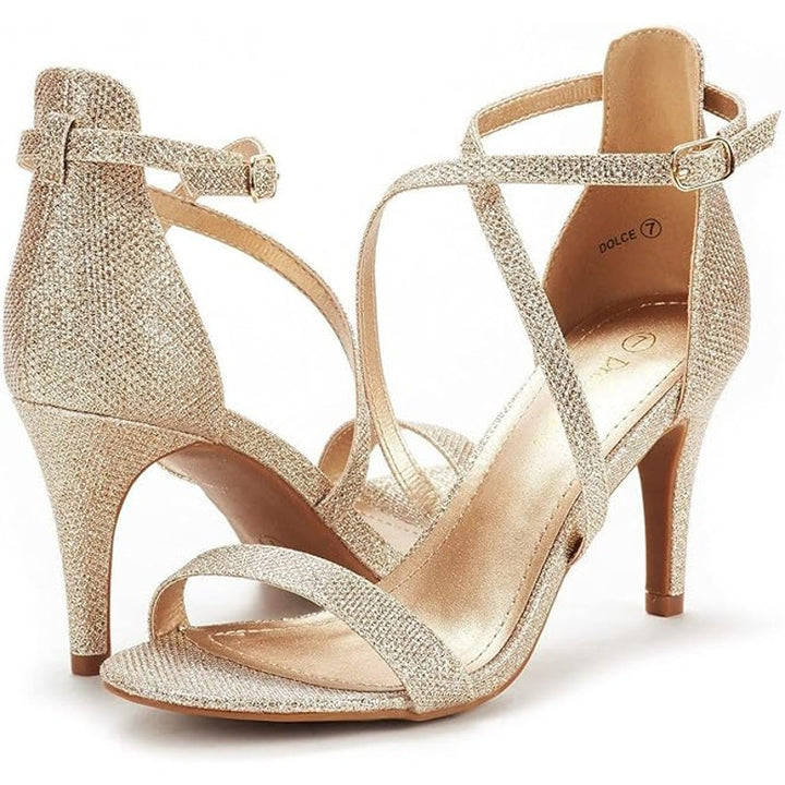 Dream Pairs Womens Size 6.5 Gold Glitter Open Toe 3" Heel Ankle Strap Shoes