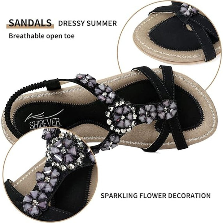 Shibever Womens Size 11 Black Flat Elastic Ankle Strap Beaded Flower Sandals