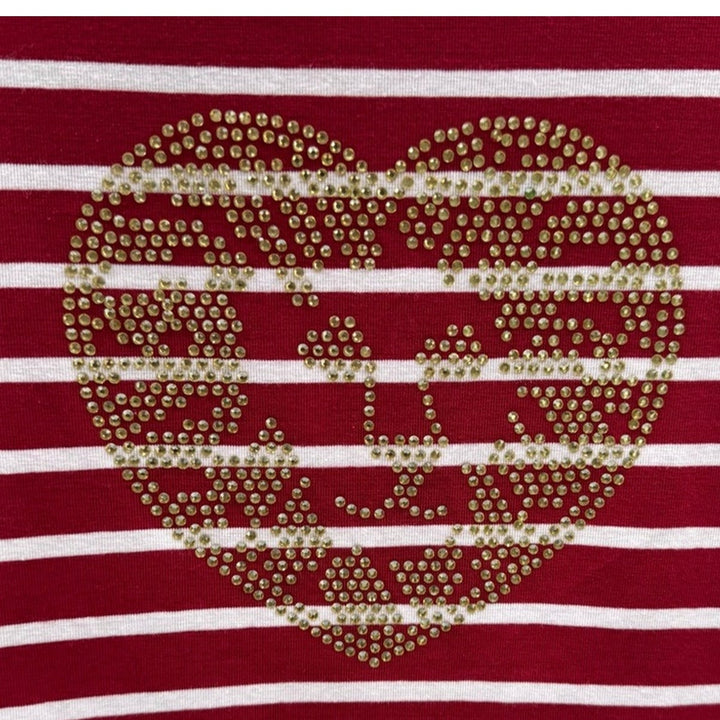 NWT New Anne Klein Womens Medium Striped Rhinestone Heart Long Sleeve Top