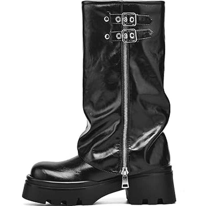 Teaieui Women Size 6.5 Black Faux Leather 2" Heel Mid Calf Buckle Zip Moto Boots