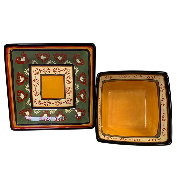 Real Kitchen Folk Art Inspired Square Ceramic Bowl w Matching Plate Saucer