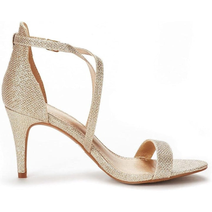 Dream Pairs Womens Size 6.5 Gold Glitter Open Toe 3" Heel Ankle Strap Shoes