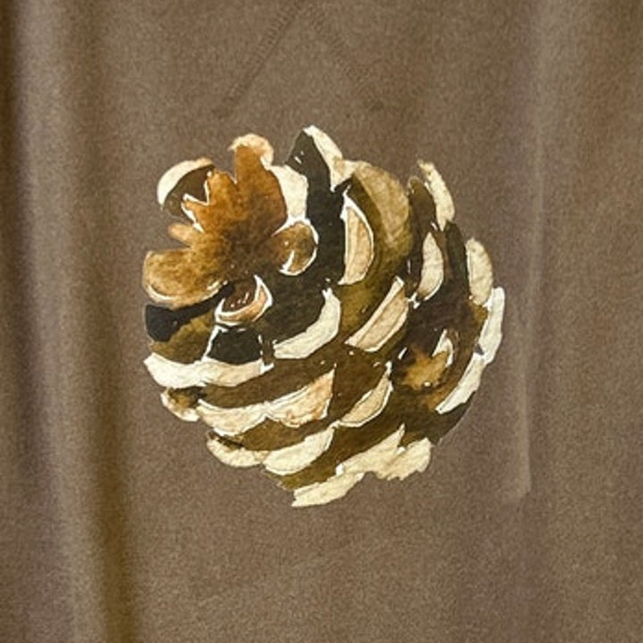 Upcycled Hand Printed Womens 2XL Rustic Pinecone Long Sleeve Light Sweatshirt
