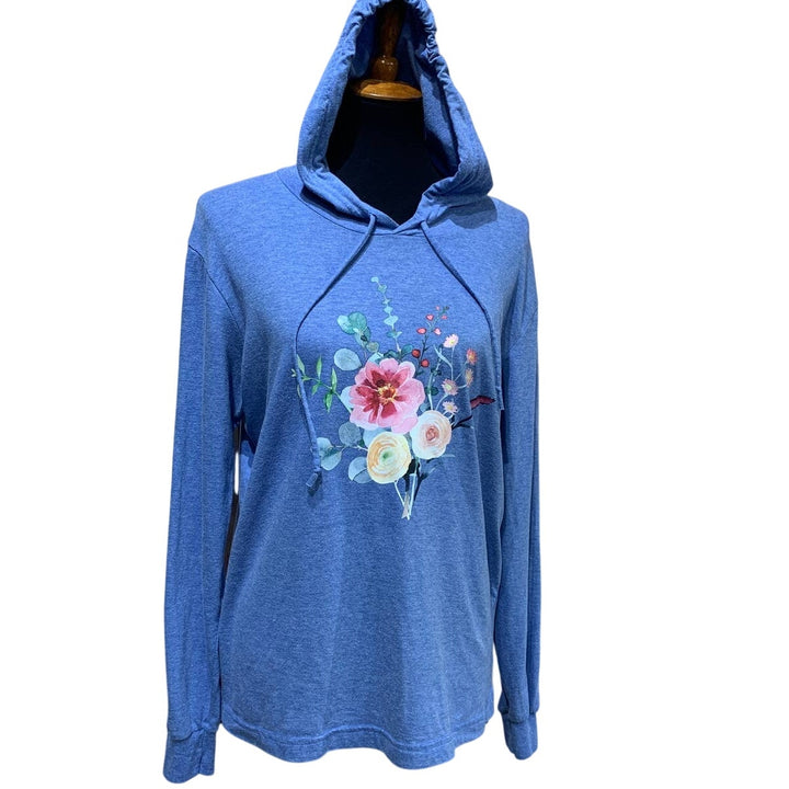 Hand Printed Medium Upcycled Watercolor Flower Peony Aster Bouquet Hoodie