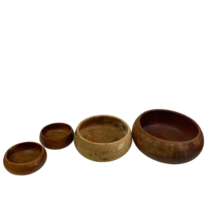 Set of 4 Vintage Rounded Edges Walnut Wood Serving Salad Bread Fruit Bowls