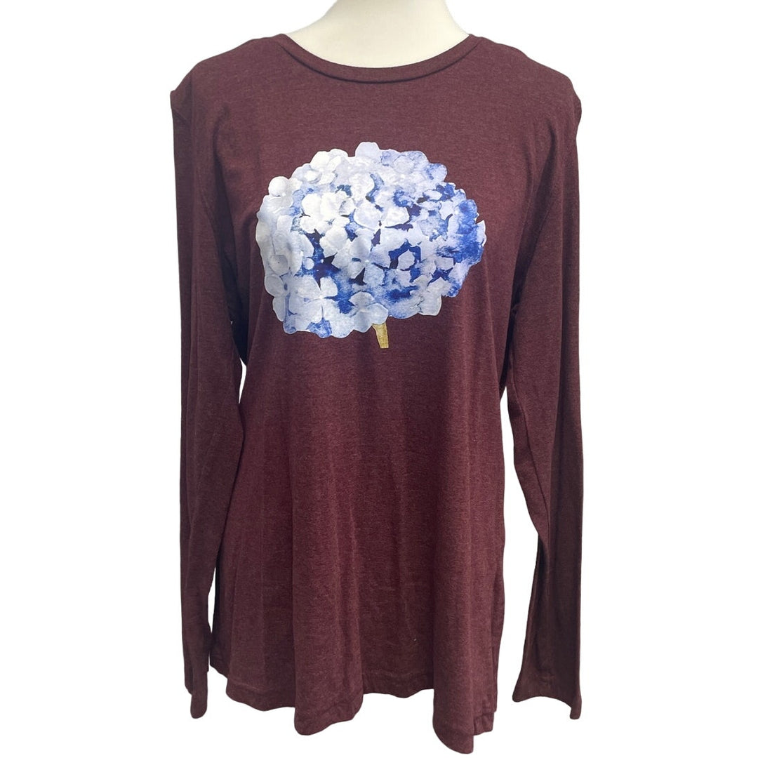 Hand Printed Upcycled Womens Large Hydrangea Floral Long Sleeve Tee Shirt