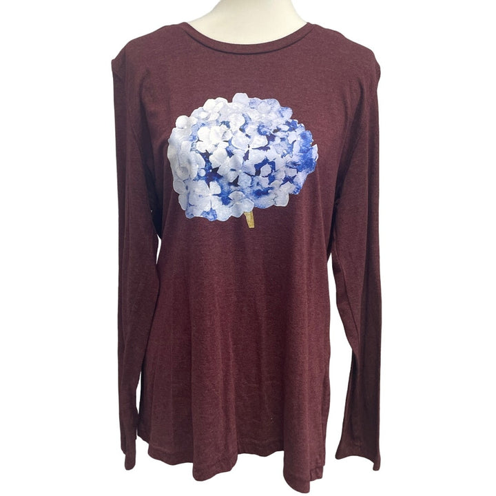 Hand Printed Upcycled Womens Large Hydrangea Floral Long Sleeve Tee Shirt