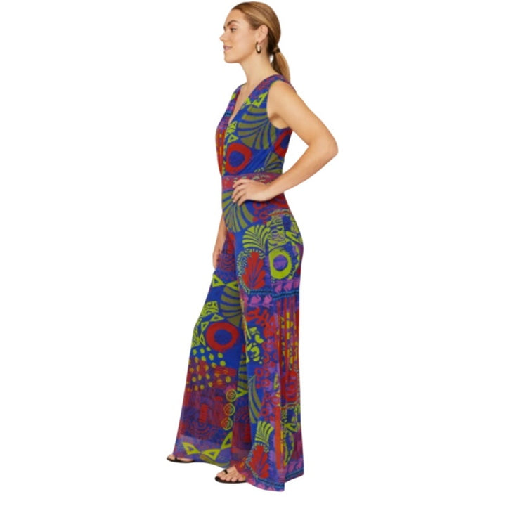 Fuzzi Womens XS Tuta Mesh Blue Green Orange Flowy Sleeveless Jumpsuit Romper
