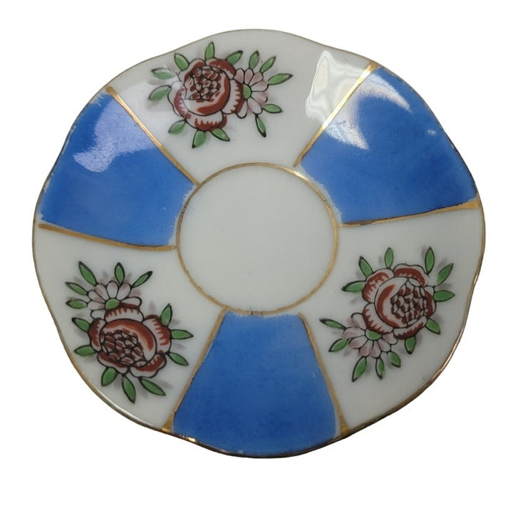 Vintage Victoria Ceramics Japan Blue Stripe Gold Rim Floral Teacup Saucer Set