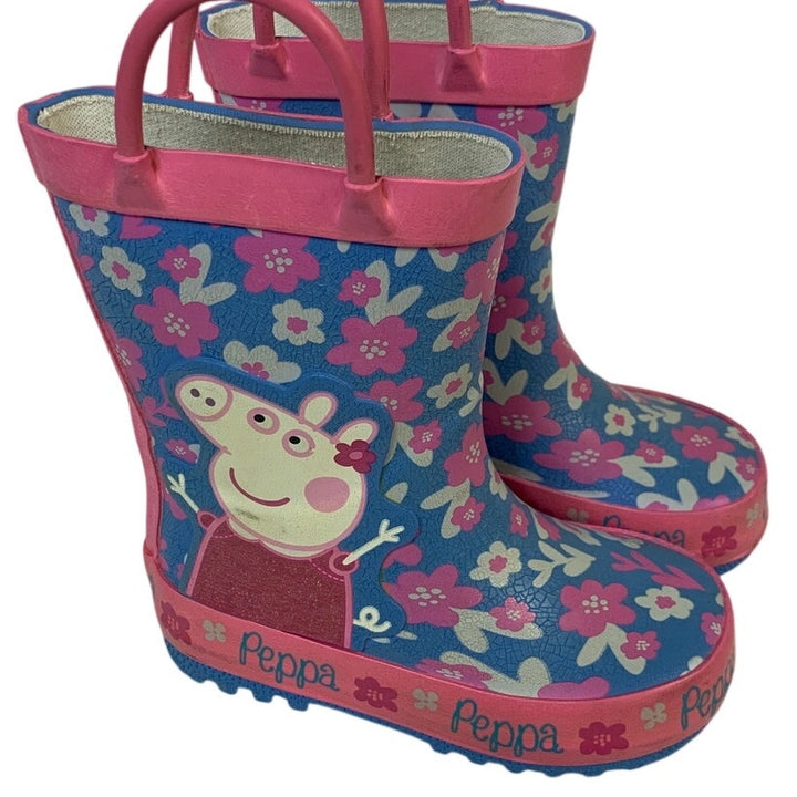 Girls Size 5 Pink Blue Rain Boots Floral Peppa Pig Handled Outdoor Shoes