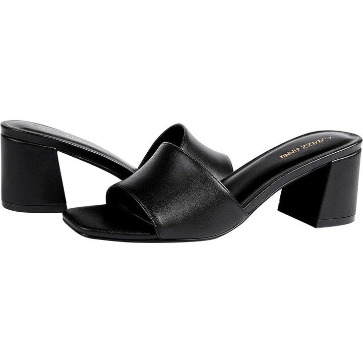 New Pizz Annu Womens 7 Black Faux Leather Open Toe 2.5" Block Heel Shoes w Flaw