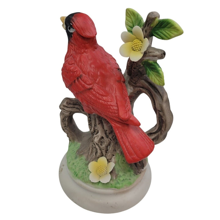 Vintage 1990s Red Cardinal Bird on Tree w Flower Ceramic Collectible Figurine