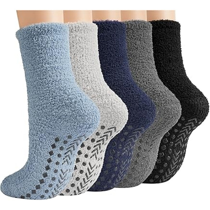 New 5 Pairs Mens Blue Gray Black Warm Thick Fuzzy Non Slip Socks with Grips