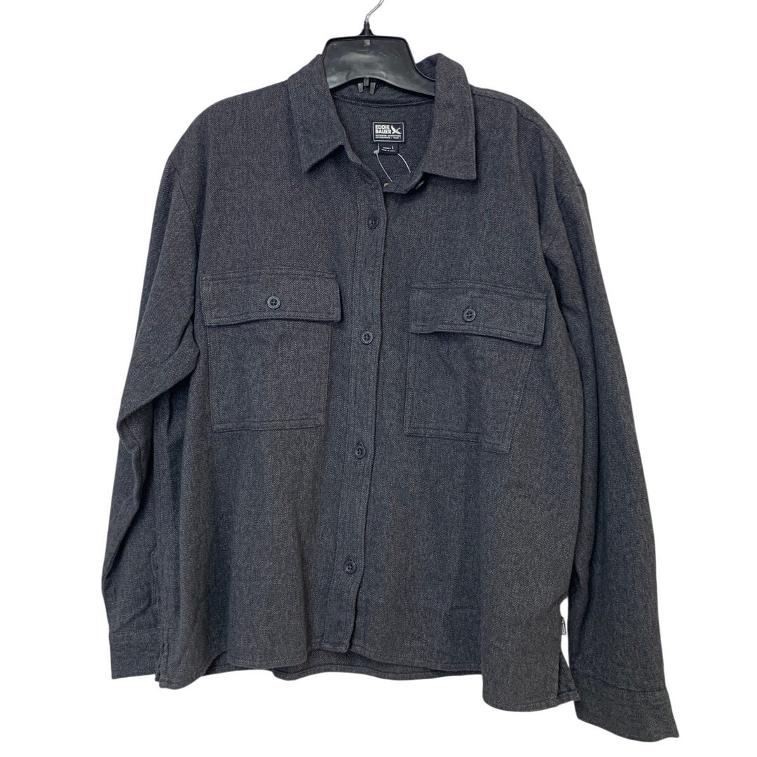 New Eddie Bauer Womens Gray Cotton Ballard Flap Pocket Novelty Button Up Shirt