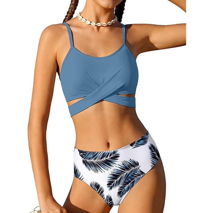 New Girls Size 15-16 Years Palm Leaf Criss Cross 2 Piece Padded Bikini Swimsuit