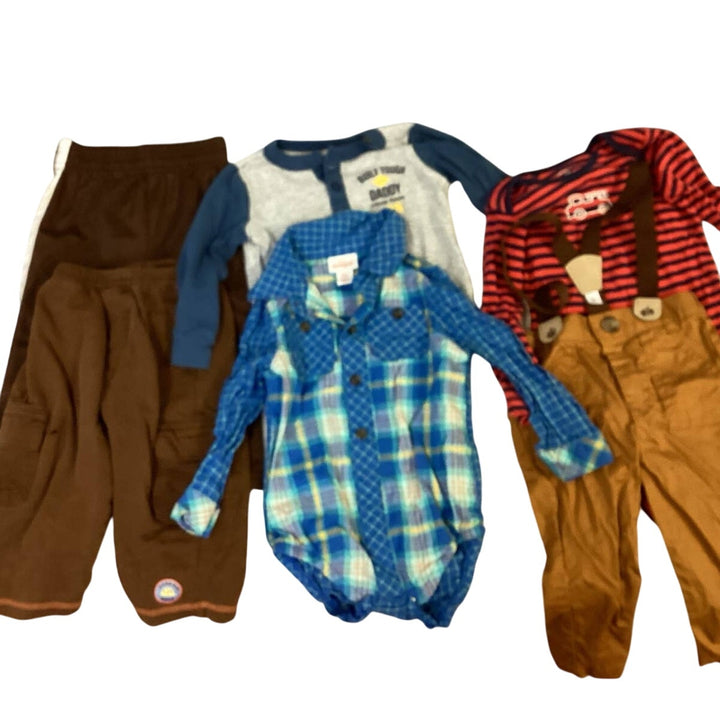 Lot of 6 Boys 12 Months Carters Cat &amp; Jack Plaid Stripe Top Overalls Brown Pants